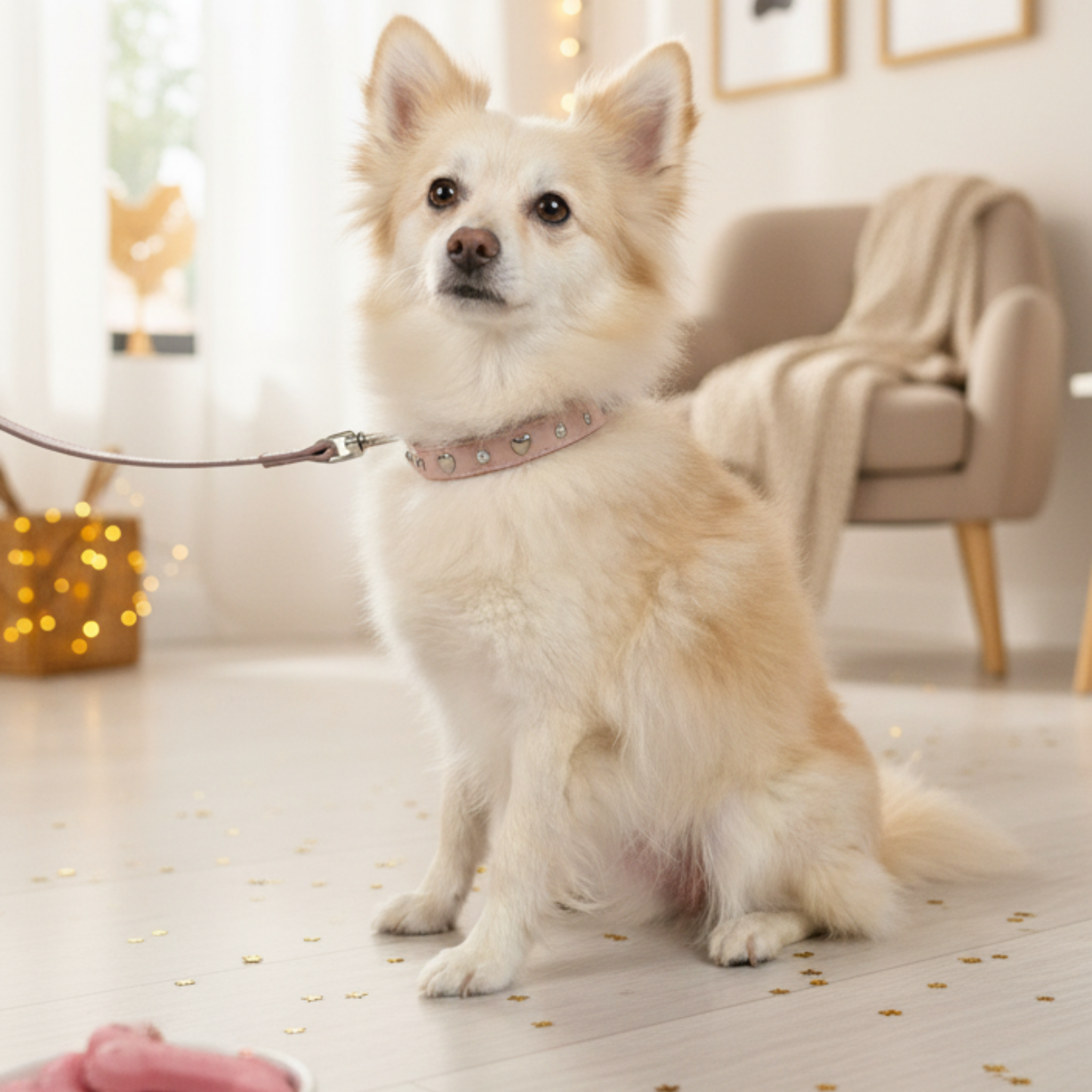 Set Collare con Cristalli e Guinzaglio in Pelle per Cani